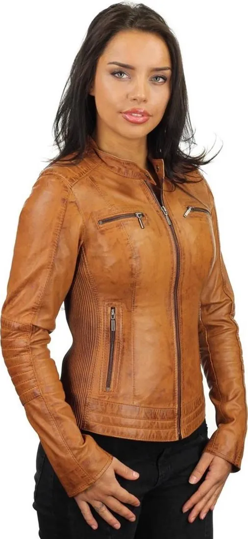 Versano  Dames jas leer Mesa bikerjack elastische zijkanten Cognac