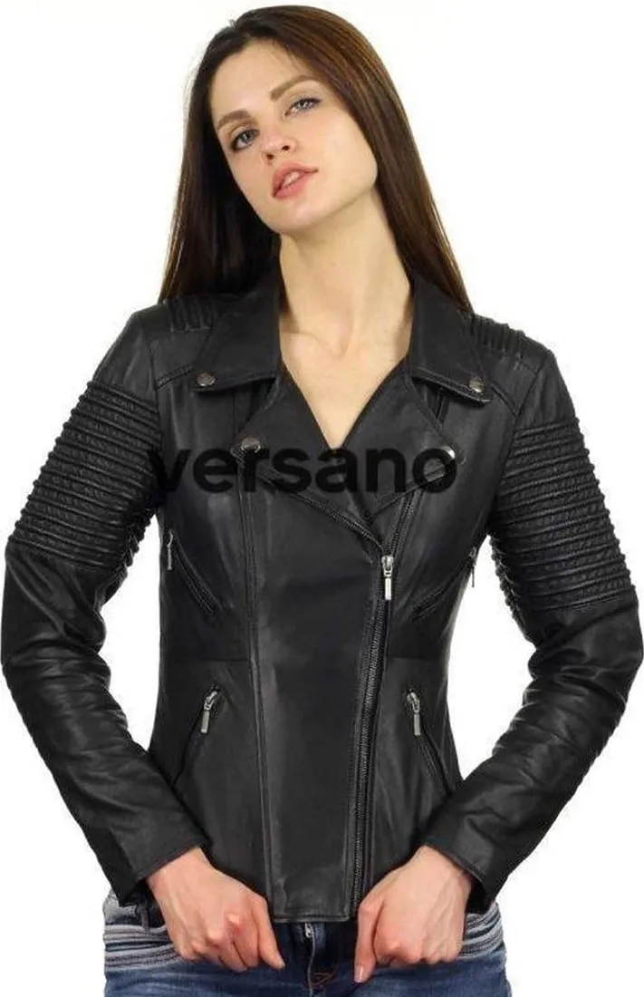 Versano  Dames jas leer Ohio bikerjack platte kraag Black